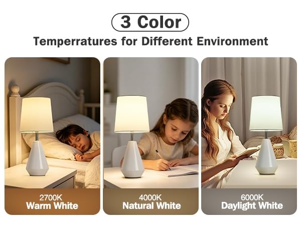 Small Bedside Table Lamp for Bedroom - Reading Desk Lamp with 3 Color Temperatures，15.5" Nightstand Ceramic Lamp with Fabric Shade for Kids Room,Living Room,Dorm,Home Office (White) - color: Milky White, size: 15.5"