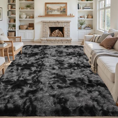Area Rugs for Living Room 9x12 Black Grey Fluffy Rug,Super Fuzzy Fur Bedroom Carpet for Boys Dorm Office Nursery Modern Home Decor - color: A-tie-dye Darkgrey, size: 9' X 12' (Rectangular)