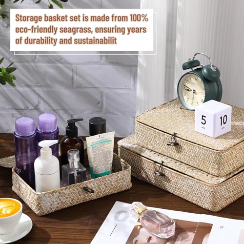 Didaey Set of 4 Seagrass Basket with Lid Wicker Storage Basket Decorative Storage Boxes with Lids Flat Storage Bins Woven Organizer Baskets for Shelf Closet Bedroom, 4 Sizes (White) - color: White