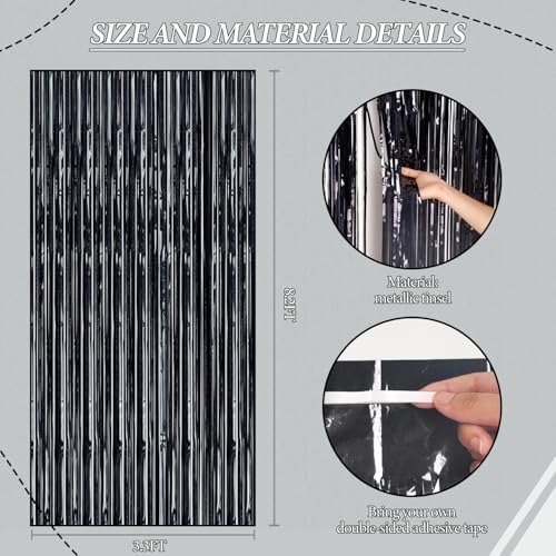 DECOCKRAT 3 Pack Foil Fringe Backdrop - Laser Black Shiny Tinsel Curtains for Party Decoration/Photo Booth Props - 3.3x8.2 FT Metallic Foil Backdrop for Birthday, Wedding, Graduation, Christmas. - color: Laser Black