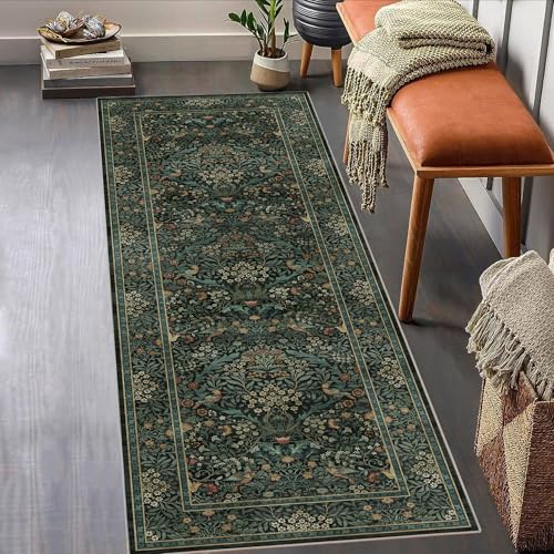2x6 Floral Washable Area Rug Soft Runner Rugs for Living Room, Vintage Boho Hallway Rug for Bedroom Dining Room, Distressed Botanical Birds Non Slip Low Pile Animal Throw Carpet for Office, Dark Green - color: Dark Green, size: 2' x 6' (Runner)