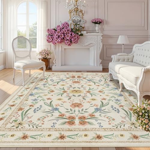 Beige Floral Washable Rug 7x9 – Large Vintage Boho Non-Slip Carpet, Soft Low Pile Thin Stain Resistant Area Rug for Living Room, Bedroom, Dining Room, Nursery, Farmhouse, Home Office - color: Beige, size: 7' x 9' (Rectangular)