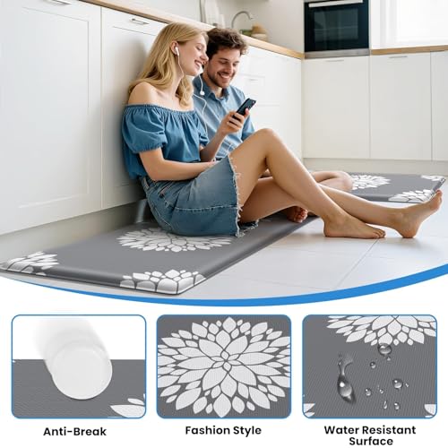 Kitchen Mats for Floor [2PCS], Soft Anti Fatigue Kitchen Rugs for Home, Water Resistant Cushioned Standing Desk Mats, Non-slip Comfort Mat for Floor, Kitchen, Office, Sink, Laundry (Grey) - color: Grey, size: 17.3" x 47" + 17.3" x 30"