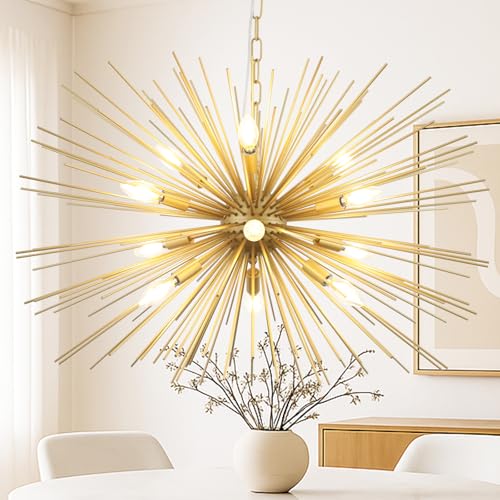 Modern 33.8in Gold Sputnik Chandeliers 12-Light Mid-Century Starburst Chandelier Light Fixture Solid Metal Satellite Large Chandelier for High Ceiling Dining Room Living Room Foyer E12 - color: Golden 33.85" 12-Light