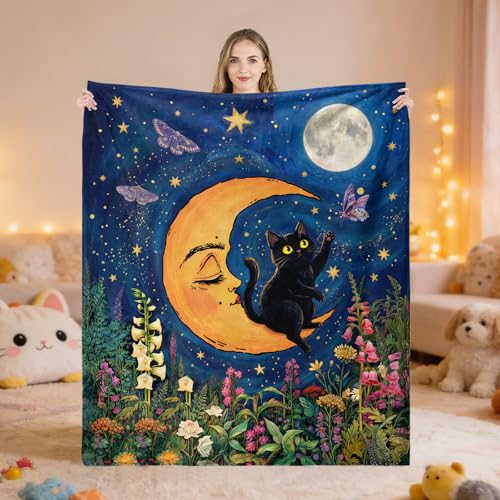 Neasow Black Cat Moon Throw Blanket, Whimsical Colorful Floral Starry Night Wildflower Garden Flannel Blanket, Super Soft for Couch Dorm Sofa Room, Unique Gift for Cat Lovers, 50×60 inch - color: Cat on Moon, size: 60"L x 50"W