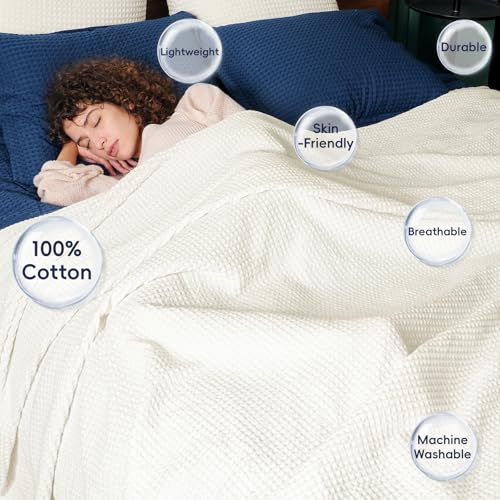 PHF Pre-Washed 100% Cotton Waffle Weave Blanket Twin Size for Bed,Snag Proof Throw Blanket for Couch Spring Summer Lightweight Breathable,Machine Washable, Home Decor Gift - Cream - color: Cream, size: Twin(66" x 90")