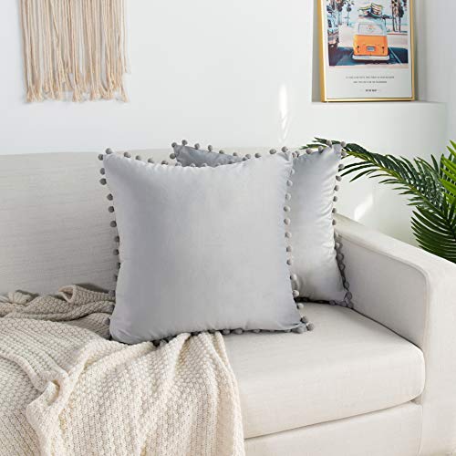 Elegant Comfort POM-POM Fringe Velvet Cushion Covers Set of 2, Velvet Soft Solid Decorative Square Throw Pillow Covers Set Cushion Case for Couch Bed, Livingroom 18 x 18 Inch (45 x 45 cm), Silver Grey - color: Silver Grey, size: 18" x 18" (Pack of 2)