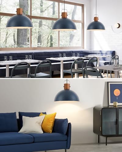 ELYONA 16” Large Ash Wood Pendant Light with Hammered Blue Metal & Brushed Brass Handle Large Pendant Light Fixtures Modern Dome Hanging Lamp for Kitchen Island, Dining Table, Bedroom, Hallway - color: Blue - 1 Pack