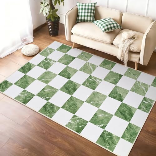 Yinhua 3x5 Checkered Rugs for Entryway, Modern Washable Entryway Rug Non Slip, Neutral Classic Checkerboard Rugs for Bedroom, Soft Low Pile Green Marble Area Rug for Nursery Doorway Living Room - color: Sage Green & White, size: 3x5 ft