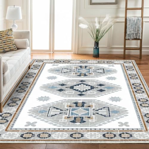 Boho Vintage Collection Tribal Area Rugs,Bohemia Distressed Medallion Farmhouse Indoor Floor Carpet Non-Slip Low Pile Washable Oriental Throw Accent Rug for Bedroom Living Dining Room 3' X 5' - color: Blue Moroccan, size: 3' X 5'