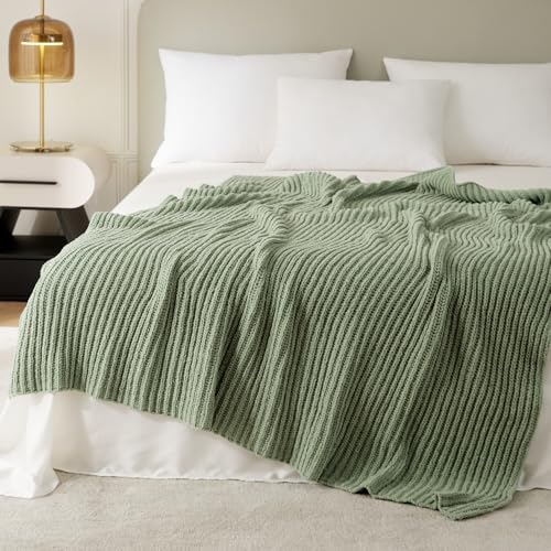 WESHIONGOO Throw Blanket for Couch Soft Knit Throw Blanket with Chenille Yarn Non-Shedding, Chenille Blanket for Living Room Bed Sofa (Sage Green, 50"*60") - color: Sage