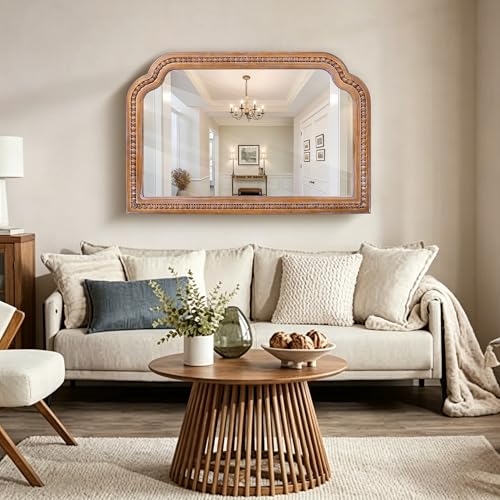 36x24 Inch Farmhouse Arch Wall Mirror, Wood Beaded Framed Decorative Mirrors for Living Room, Bedroom, Vanity, Bathroom, Entryway - color: G - Beaded Arched - 36x24 in