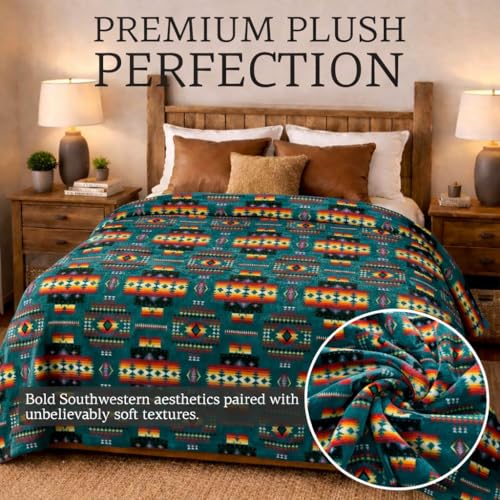 Sacred Thread Aztec Blanket Fleece, Reversible Native American Blanket, Western Throw, Native American Western (Lake Flannel), Full (60”x80”) - color: Lake Flannel, size: Full (60”x80”)