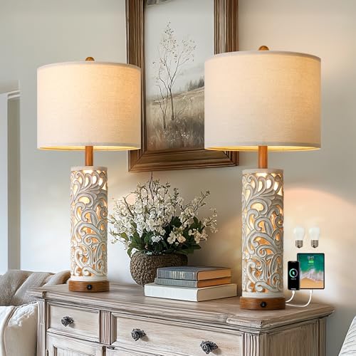 OYEARS 2-in-1 Light Table Lamp Set of 2 for Living Room, 28.5" Farmhouse Bedside Lamps with USB Charging Port, Main&Night Light & Dual Switches, Nightstand Lamp for Bedroom Home Office(Bulb Included) - color: Washed White and Brown