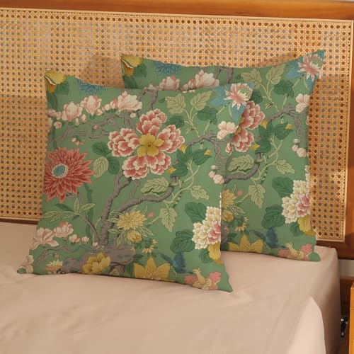 Chinoiserie Throw Pillow Covers 16x16 Inch 2 Pcs Sage Green Pink Floral Decor Pillow Covers Vintage Flower Spring Summer Outdoor Boho Decorative Pillowcase Linen Cushion Cover for Couch - color: Chinoiserie Green Pink Floral, size: 16" x 16" (Pack of 2)