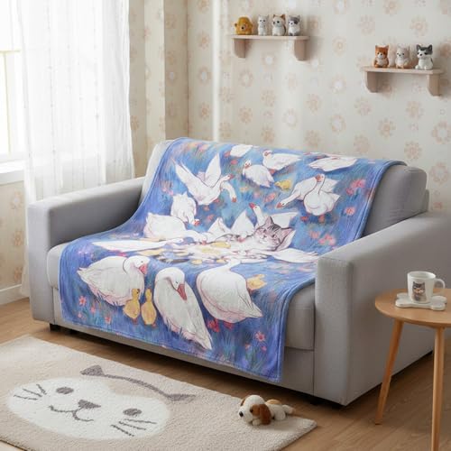 Neasow Cute Cat and Goose Throw Blanket, Whimsical Funny Pastoral Farm Meadow Flannel Blanket, Super Soft for Couch Dorm Sofa Room, Unique Gift for Kids Teens Adults, 50×60 inch - color: Cat and Goose, size: 60"L x 50"W