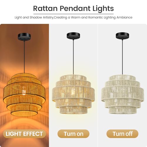 BoostArea Boho Rattan Chandelier Light,5-Tier Hand Woven Lampshade Ceiling Pendant Light Fixture,13'' Farmhouse Chandelier Hanging Light for Living Room,Kitchen Island,Bedroom,Adjustable Cord,Beige - color: Beige-1