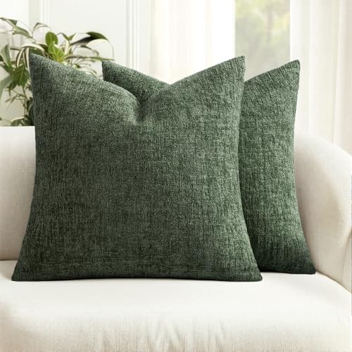 MIULEE Decorative Throw Pillow Covers 18x18 Pack of 2 Olive Green Spring Couch Pillow Covers Soft Cozy Textured Chenille Pillowcases for Home Decor Sofa Living Room Cushion Bedroom - color: Olive Green, size: 18" x 18" (Pack of 2)