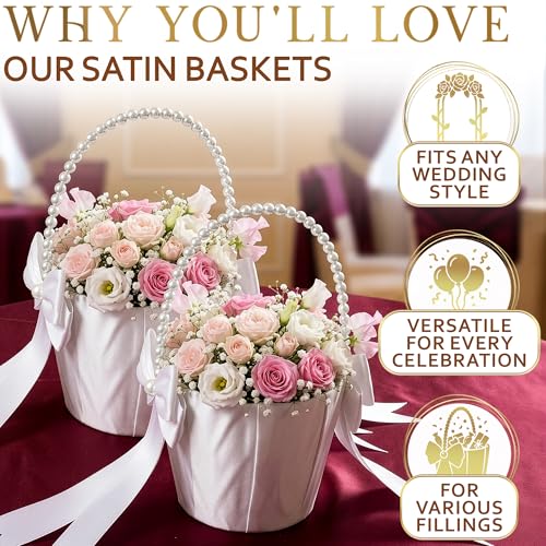Flower Girl Basket Set of 2 - Dreamy Ivory Satin Basket with Pearl Handle, Bow & Ribbon - Summer Wedding Ceremony, Bridal Shower, Petal Toss, Floral Centerpieces, Flower Girl Proposal & Photo Props - color: Ivory