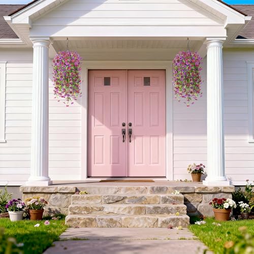 INQCMY Artificial Hanging Flower Baskets for Spring Outdoor Decoration Fake Plants UV Resistant Faux Silk Daisy with Eucalyptus Leaves Realistic Look for Home Porch Patio Yard - color: Purple Red