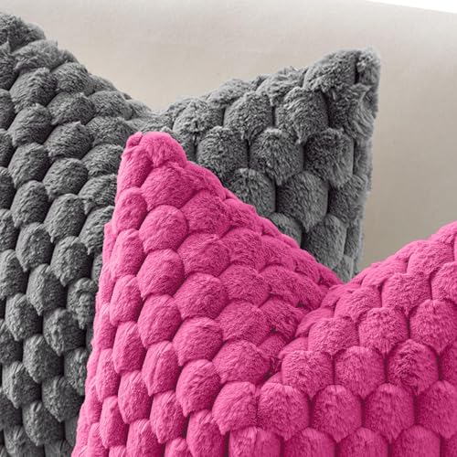 MIULEE Hot Pink Faux Fur Lumbar Decorative Throw Pillow Covers 12x20 Inch Set of 2 Super Soft Cozy Plush Cushion Cases Luxury Fluffy Pillowcases for Sofa Couch Bed Living Room - color: Hot Pink, size: 20" x 12" (Pack of 2)