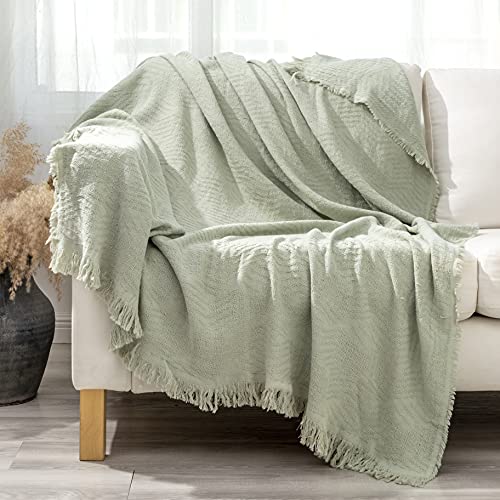 GLORY SEASON 100% Cotton Throw Blanket with Fringe Tassels Wraps Cover for Bed Couch and Living Room Sofa,Chair 50x60 Inches, Green - color: Morandi Green