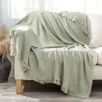 GLORY SEASON 100% Cotton Throw Blanket with Fringe Tassels Wraps Cover for Bed Couch and Living Room Sofa,Chair 50x60 Inches, Green - color: Morandi Green