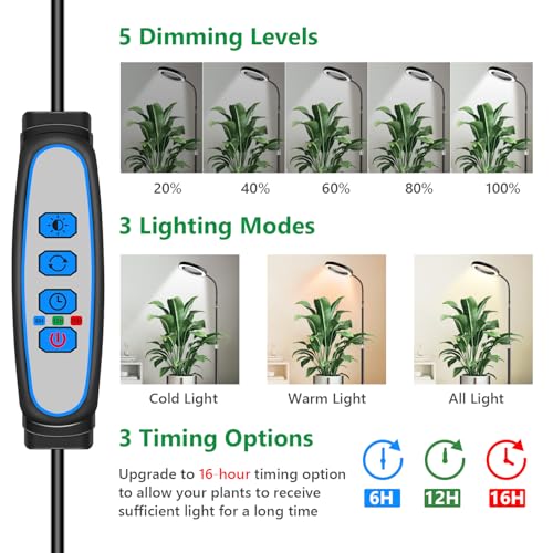 Aumtrly Grow Lights for Indoor Plants, Full Spectrum Floor Standing Plant Lights with 68" Stand for Growing Large Tall Plants, Black Halo LED Plant Grow Light with 6/12/16H Timer - size: 1 head 68inch/black
