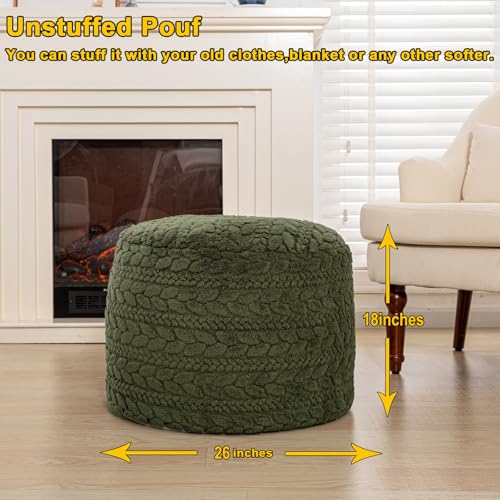 Poofieotto Unstuffed Ottoman Pouf Cover – Round Faux Fur Footstool Plush Floor Pouf (No Filler Included) Perfect for Living Room, Bedroom, or Office Lounge (Green, 26x26x18 in) - color: Green, size: 26"D x 26"W x 18"H