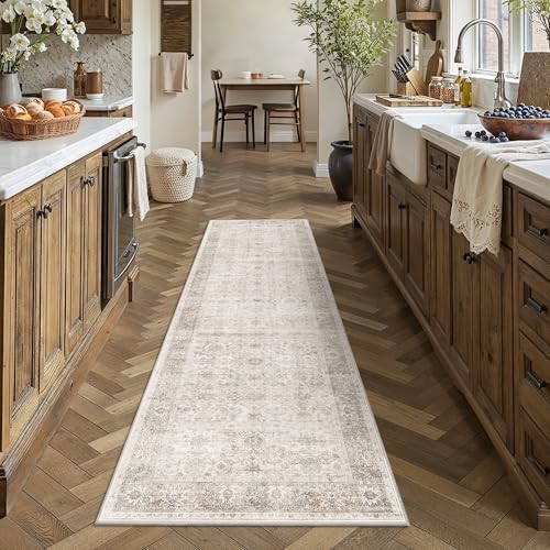 2x5 Neutral Beige Vintage Washable Runner Rugs for Hallway Kitchen Boho Hallway Carpet Low Pile Non-Slip Retro Distressed Accent Throw Rug for Entryway Bathroom Bedroom - color: Neutral Beige, size: 2'*5'(Runner)