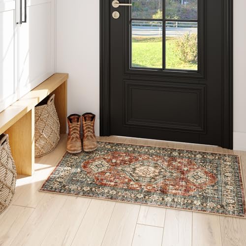 Lahome Oriental Small Area Rug, 2x4 Washable Entryway Rug Non-Slip Ultra-Thin Indoor Door Mat Distressed Throw Carpet for Kitchen Bedroom Eleanor, Brick Red - color: Brick Red, size: 2' x 4' (Rectangular)