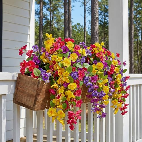 6Pcs Artificial Hibiscus Fake Hanging Flowers, Silk Faux Flowers for Outdoor Planters, UV Resistant Artificial Outdoor Plants for Hanging Baskets, Porches, Patios Decorations (Purple + Red+Yellow) - color: Purple + Red+yellow