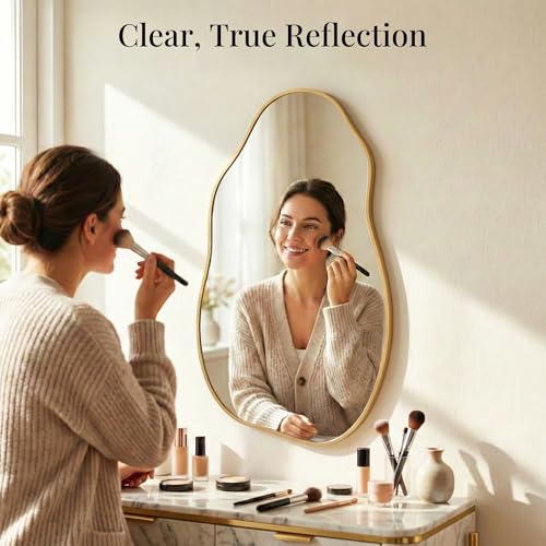Irregular Wall Mirror 30"x16.5", Small Asymmetrical Mirror for Powder Room, Matte Gold Rust Proof Aluminum, Tempered Glass Wavy Mirror for Bedroom Makeup, Hallway & Aesthetic Room Decor - color: Gold, size: 30"L x 16.5"W