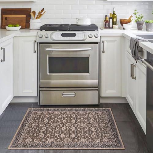 Lansny Vintage Entryway Rug 2x3 Washable, Mocha Brown Kitchen Rug, Super Soft Thin Faux Wool Small Area Rug, Non-Slip Accent Mat for Foyer, Bedroom, Office - color: Mocha Brown, size: 2' x 3' (Rectangular)