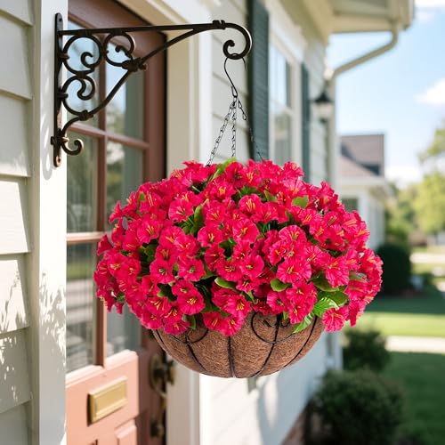 Ammyoo Artificial Hanging Flower Plants with Basket for Outdoor Decoration, Faux Petunias Flowers Fake Morning Glory Planter for Outside Patio Garden Porch Balcony Yard Decor(Rose Red) - color: Rose Red