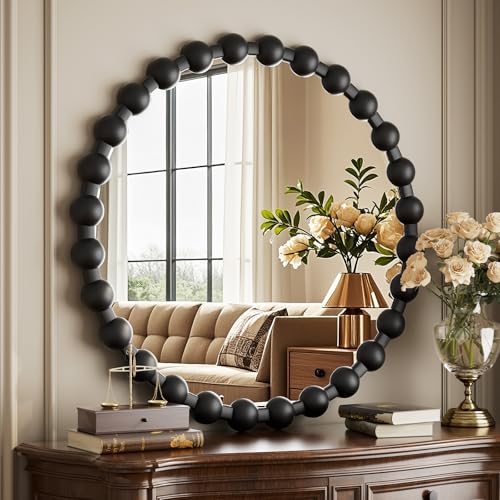 Easly Round Mirror for Wall, 24 Inch Black Beaded Frame Decorative Vanity Mirror, Circle Bathroom Mirror with High-Definition Lense, Modern Wall Decor for Bathroom, Living Room, Bedroom, Entryway - color: Black, size: 24"L x 24"W