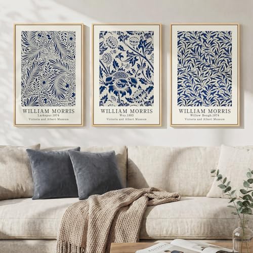 Framed Large William Morris Wall Art Set of 3, Vintage Blue Botanical Floral Canvas Wall Decor Painting, Farmhouse Aesthetic Artwork Prints for Living Room, Bedroom, Hallway, Office, Total Size 30x60 - color: Blue, size: 20"W x 30" H x 3Pcs