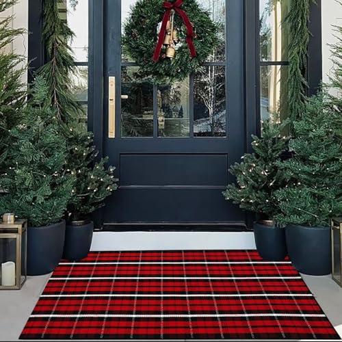 Buffalo Plaid Outdoor Rug Christmas Door Mat Christmas Decor Welcome Rug Cotton Hand-Woven Layered Door Mats for Front Porch, Kitchen, Farmhouse, Entryway (27.5"x43", Red/Black/White) - color: Red/Black/White Plaid, size: 2'4" x 3'7" (Rectangular)