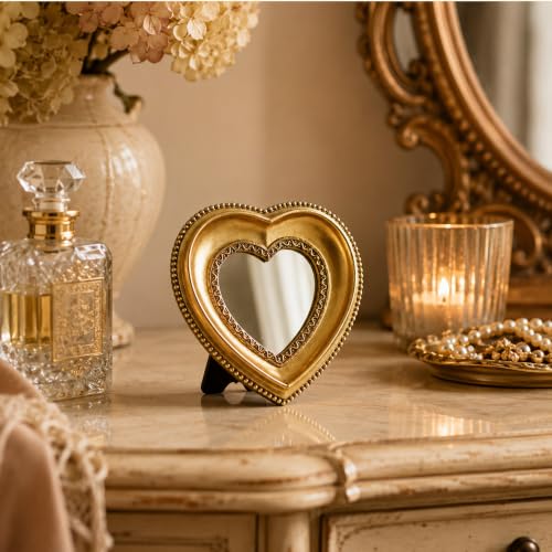 Golden Mini Vintage Mirror with Exquisite Relief Elegant Wall Decor for Bedroom Dresser Table Compact Resin Retro Design (Heart, 4.3X4.3) - color: Heart