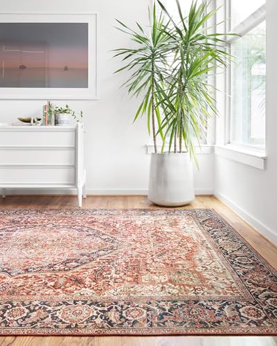 Loloi Layla Collection LAY-08 Red/Navy 2'-0" x 5'-0" .13" Thick Accent Rug, Soft, Durable, Vintage Inspired, Distressed, Low Pile, Non-Shedding, Easy Clean, Printed, Living Room Rug - color: Red / Navy, size: 2' x 5' (Rectangular)