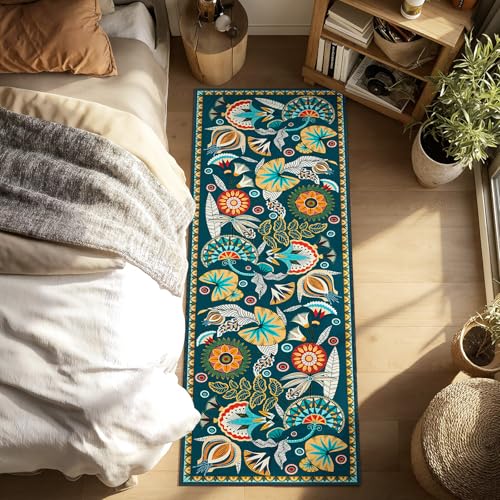 Joydeco Egypt Floral Boho 2x6 Runner Rug for Hallway Entrance, Dark Green Bathroom Kitchen Rug Runner Non Slip Washable, Vintage Ultra-Thin Carpet for Entryway Laundry Room Bed Beside - color: Dark Green, size: 2' x 6' (Runner)