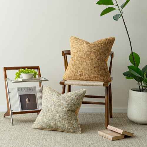 A Moment Bright Yellow Reversible Pillow Covers 2 Pack - Farmhouse Chenille Velvet Throw Pillows, Neutral Textured Decorative Throw Pillow Covers with Border for Couch Sofa Bed (18x18 Inch, No Insert) - color: Bright Yellow, size: 18" x 18" (Pack of 2)