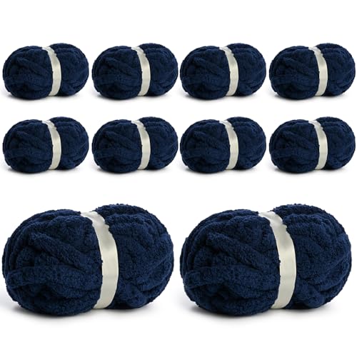 10 Pack Jumbo Chenille Yarn for Crocheting, #10 Super Bulky Baby Soft Yarn for Hand Knitting, 220 yds /70.5 oz Fluffy Chunky Knit Throw Blanket Yarn (Denim Blue) - color: Denim Blue
