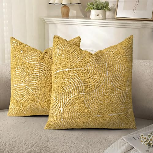 AELS Boho Decorative Textured Throw Pillow Covers 18x18, Organic Modern Mid Century Rainbow Tufted Pillow Case, Farmhouse Rustic Geometric Woven Cushion Case for Bed Couch Sofa, Mustard Yellow - color: Mustard Yellow, size: 18" x 18" (Pack of 2)