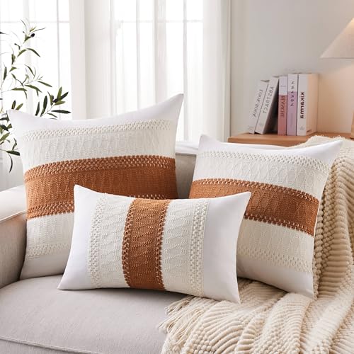 Soft Cotton Boho Throw Pillow Covers Set of 2, Natural White/Contrast Caramel 18x18 Inch, Caramel Farmhouse Decorative Cushion Covers for Sofa Bed Living Room Home Decor - color: Natural White/Contrast/Caramel, size: 18" x 18" (Pack of 2)
