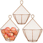 MyGift Set of 3, Farmhouse Copper Metal Wire Mesh Wall Hanging Baskets, Wall-Mounted Storage Basket, Decorative Kitchen Fruit Wall Basket Produce Holder