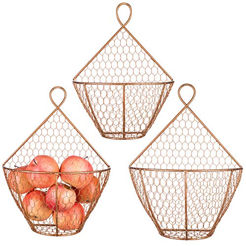 MyGift Set of 3, Farmhouse Copper Metal Wire Mesh Wall Hanging Baskets, Wall-Mounted Storage Basket, Decorative Kitchen Fruit Wall Basket Produce Holder