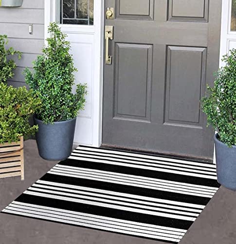 Black and White Striped Outdoor Rug 24'' x 35'' Door Mat Outdoor Machine Washable Welcome Mats Cotton Hand-Woven Entryway Rug for Front Porch/Entryway/Laundry/Bathroom/Bedroom - color: Black Striped, size: 2' x 3' (Rectangular)
