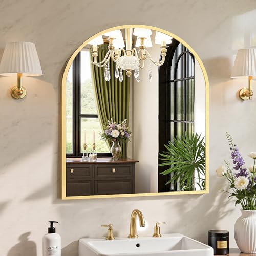 Sweetcrispy 31"x32" Arched Gold Bathroom Mirrors for Wall, Bathroom Mirrors for Over Sink, Metal Framed with HD Shatter-Proof Glass for Entryway, Living Room, Bedroom - color: Gold, size: 31"L x 32"W