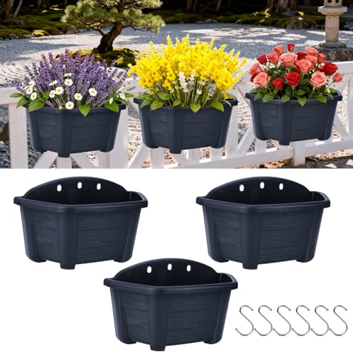 summer flower 3 Pack Hanging Planters for Railing, 9.84 Inch Plastic Window Box with Drain Hole Plug, Indoor Outdoor Flower Pots for Balcony Fence Garden Decor (Black) - color: Black